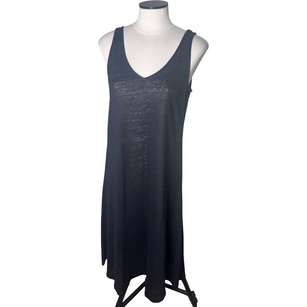 Saks Fifth Avenue BLUE Linen Midi Dress Womens Medium Black Good V-Neck Knit